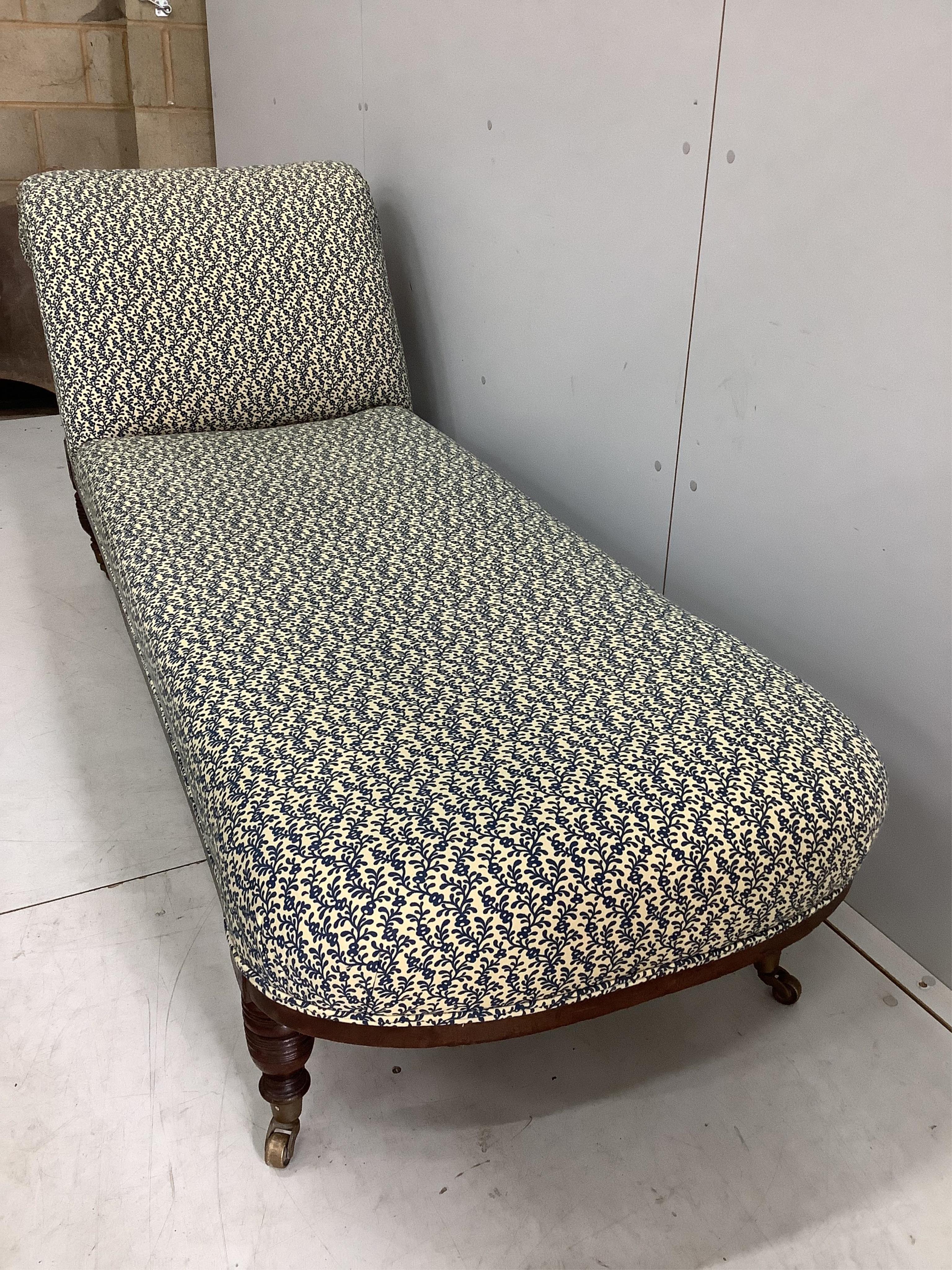 A late Victorian upholstered day bed, length 190cm, width 64cm, height 81cm